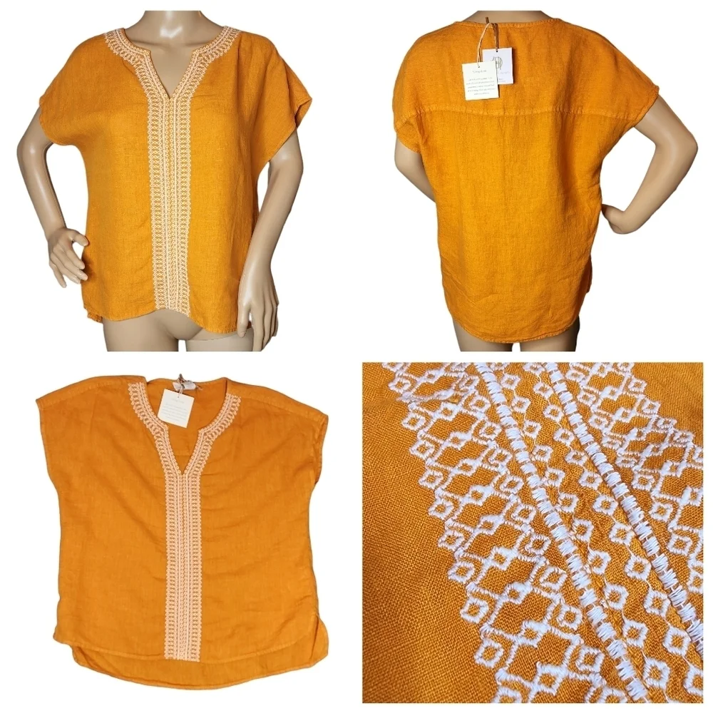 100%‎ Linen NWT House of Harlow Embroidered Orange Blouse Top Shirt Size M